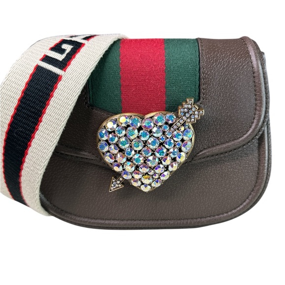 Gucci Handbags - GUCCI Crystal Heart Brown Crossbody Bag with Green-Red Web Strap